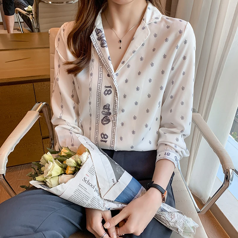 

Summer Chiffon Women's Blouse V-neck Shirt Print Loose Casual Lady Fashion Long Sleeve Top Houthion