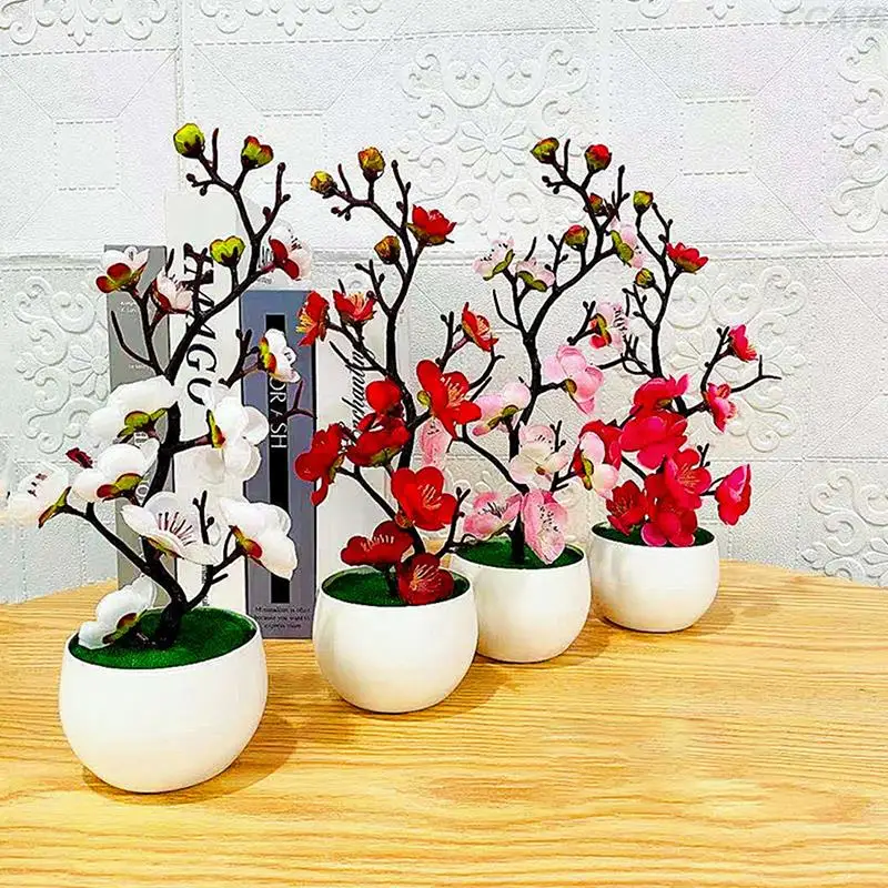 

1pcs Bonsai Silk Flowers Plum Artificial Potted Plants Blossoms Simulation Winter Plum Branch Bonsai Wedding Home Room Decorate