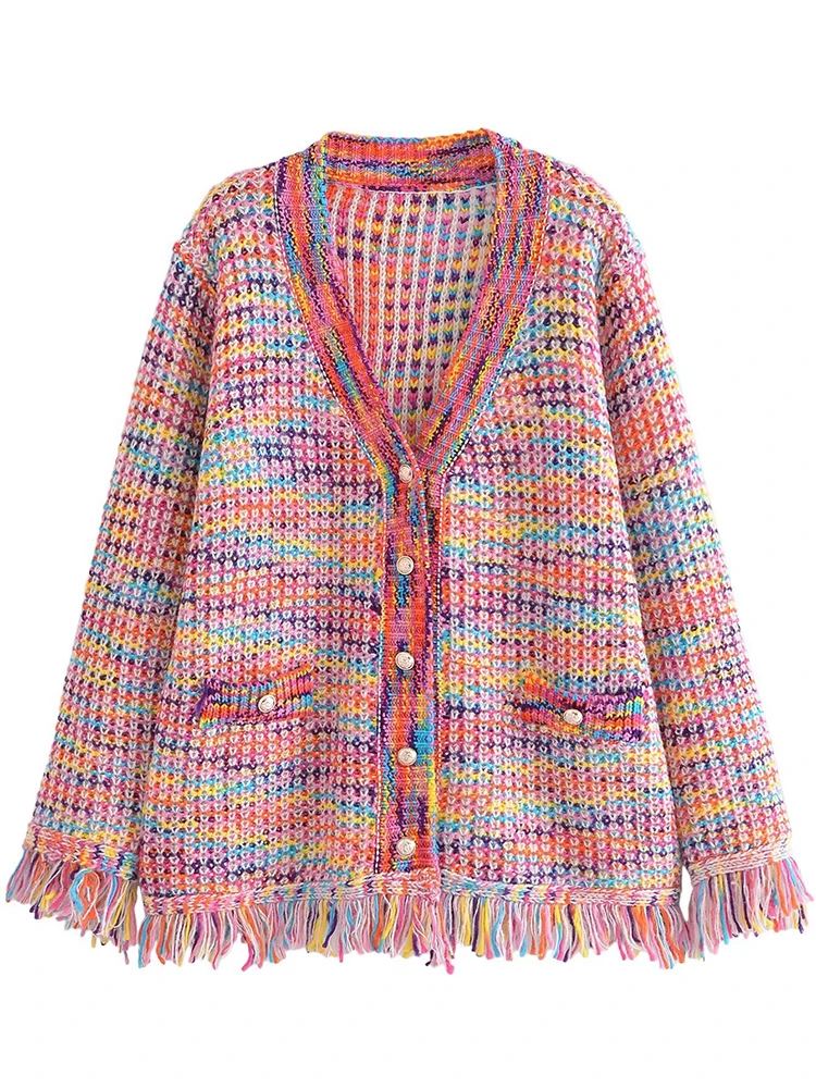 

YENKYE Women Colorful Tassel Oversized Cardigan Vintage V Neck Jumpers 2022 Female Autumn Knitted Sweater Outerwear