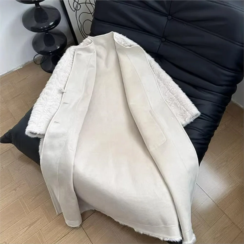 Зимнее кремово-белое лохматое пальто из искусственного кроличьего меха шикарная