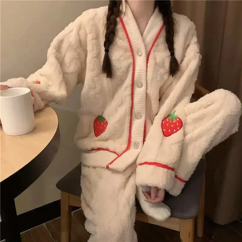 Small Fragrance Pajamas Women's Winter Coral Velvet Sweet And Cute Thickening plus Velvet Flannel Ladies Pajamas Home Service Su