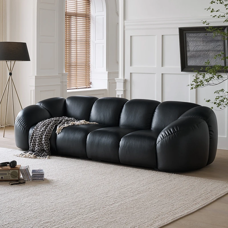Черный кожаный диван из натуральной кожи в стиле ретро с прямым трехместным