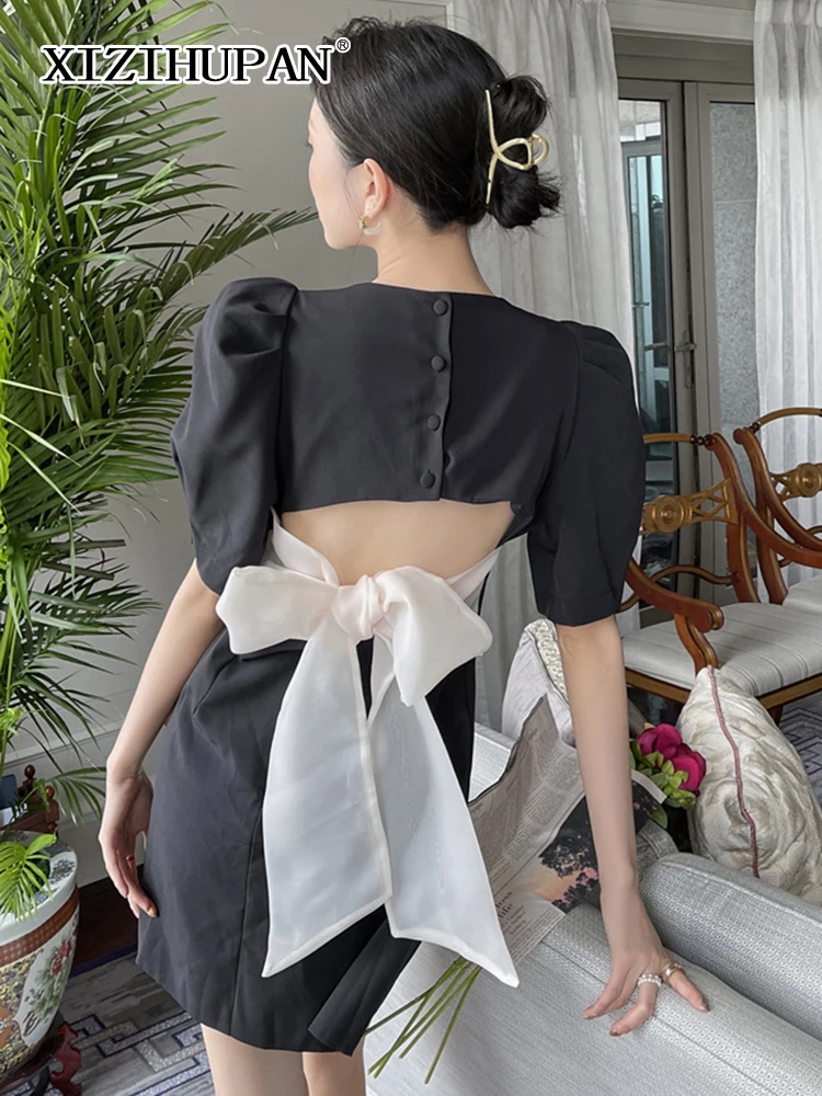 

XIZIHUPAN Vintage Dress For Women Square Collar Short Puff Sleeve High Waist Patchwork Bowknot Mini Dresses Female 2022 Clothing