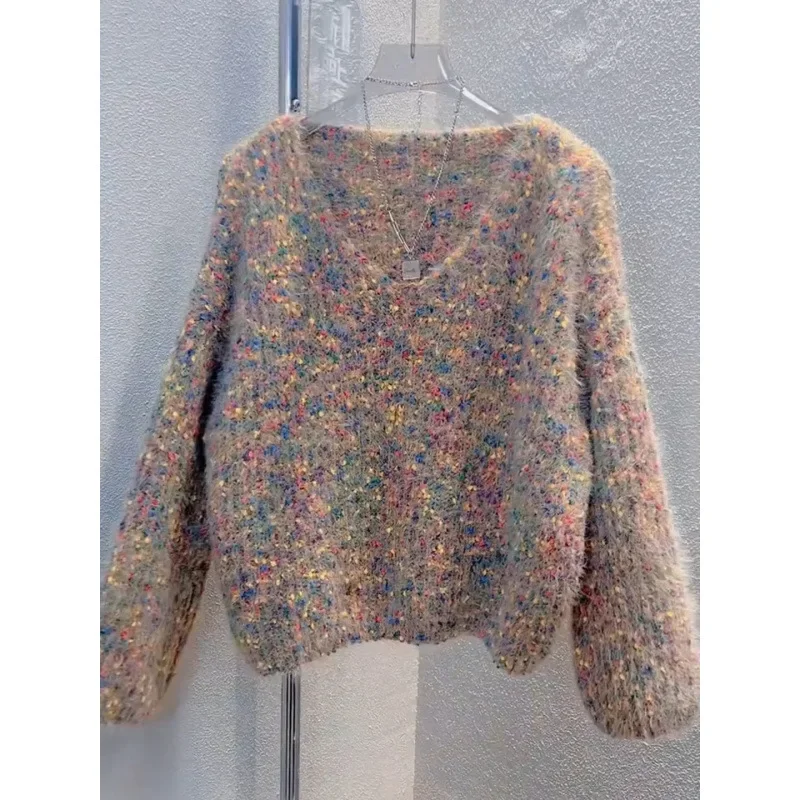 Красочный женский свитер в горошек весна-осень 2024 пуловер с v-образным вырезом