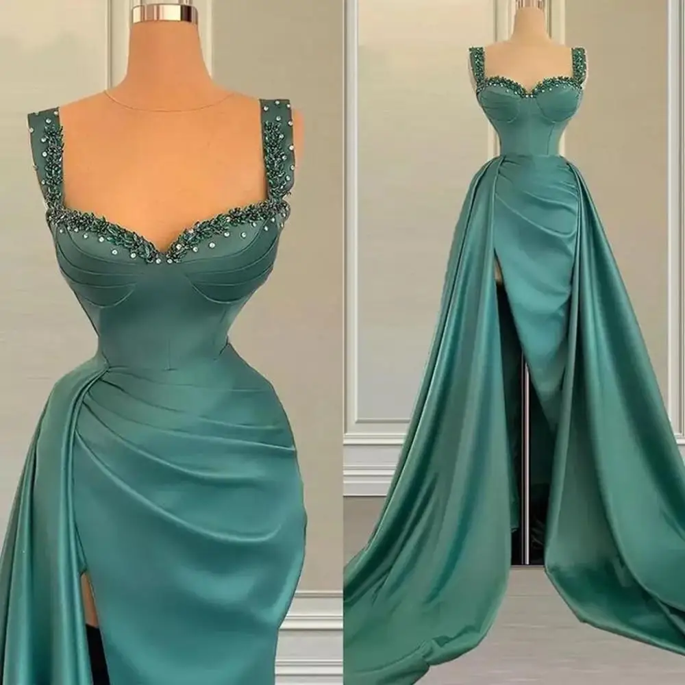

2023 Sexy Split Slit Evening Dresses Mermaid Ruched Beaded Sweetheart Formal Prom Party Pageant Gowns Robe De Soiree Sleeveless
