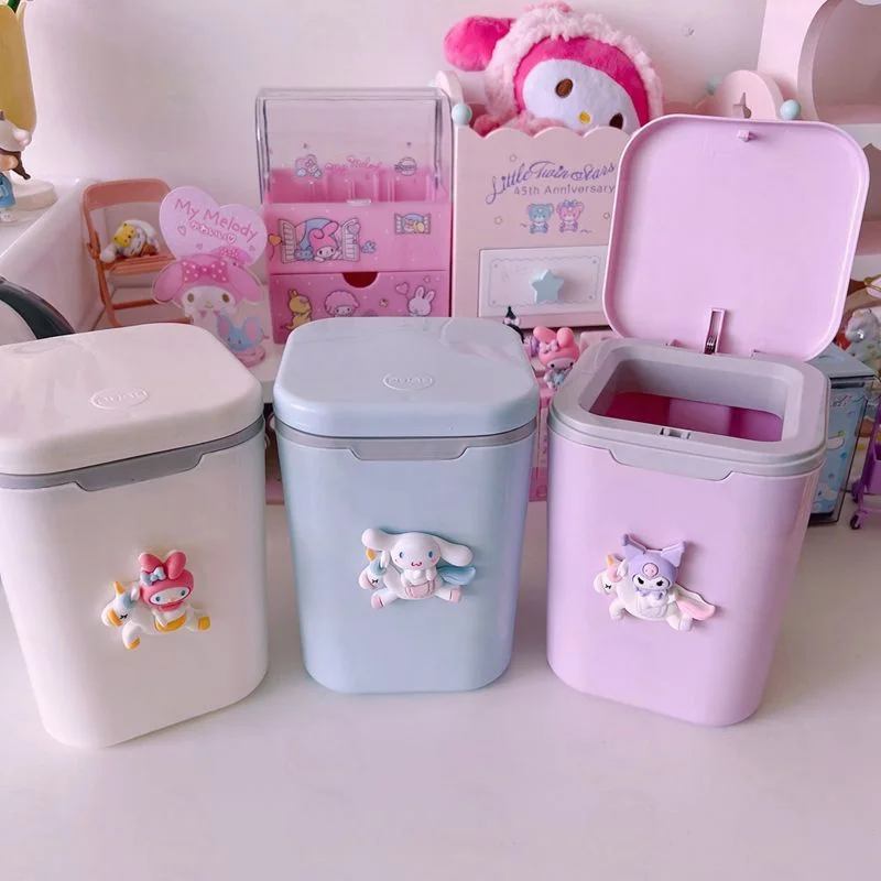 

Kawaii Sanrios Accessories My Melody Kuromi Cinnamoroll Cartoon Desktop Small Trash Can Lovely Bedroom Sundries Storage Box Gift