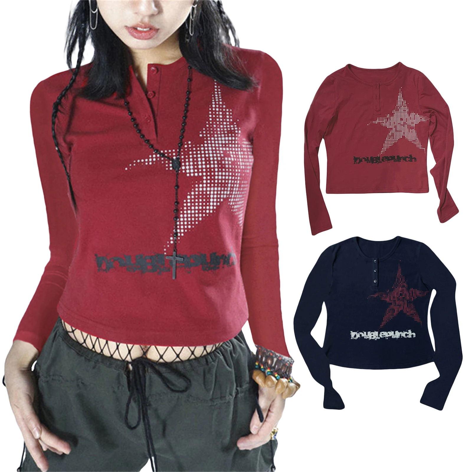 

Spring Autumn Vintage Wild Stars Letter Print T-Shirts Women Round Neck Long Sleeve Tops Button-Up Slim Fit Shirts Streetwear
