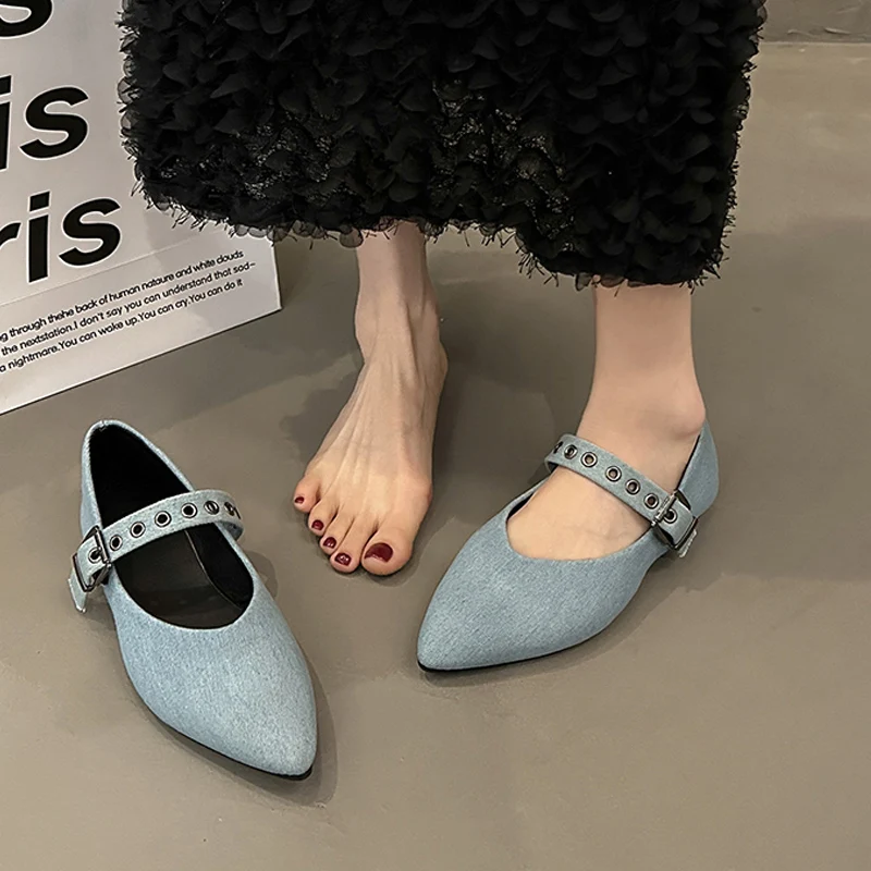 Soft Denim Mary Jane Shoes Women Pointed Toe Ballet Flats Ladies Fashion Blue Canvas Loafers with Buckle Belt and Rivets