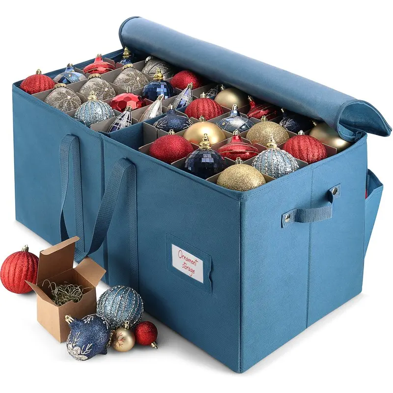 

Christmas Ornament Storage Box With Adjustable Dividers, For 128 Holiday Ornaments or Decorations, Blue
