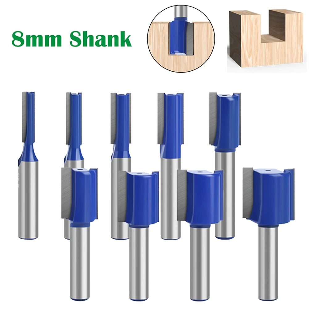 

9pcs 8mm Shank Straight Router Bit Double Flute Wood Milling Cutter For Solid Wood Particle Board Router Bit Woodworking Tool