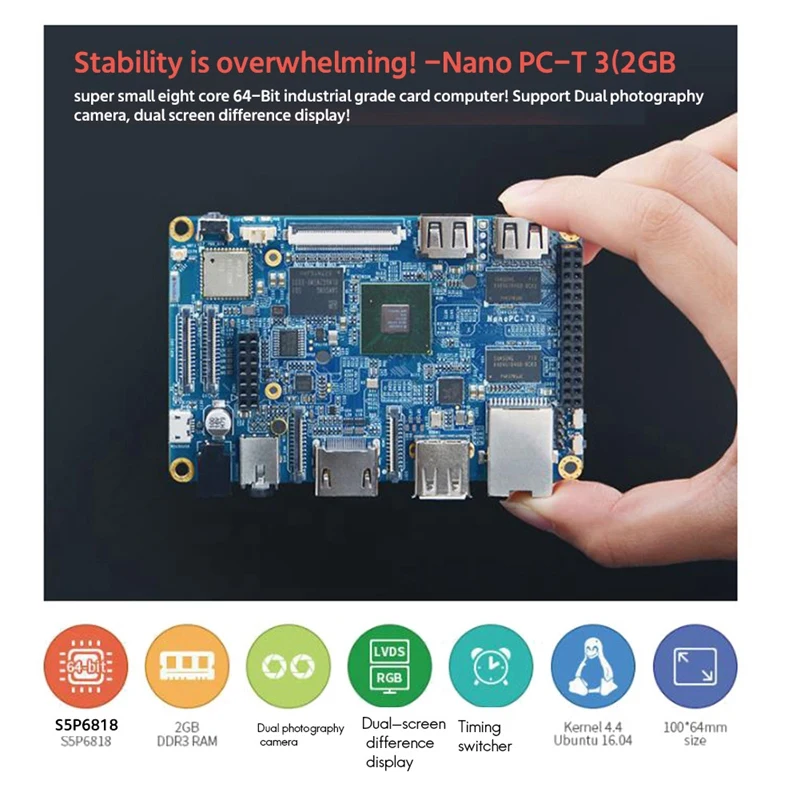 For Nanopc-T3 Plus Industrial Card S5P6818 Octa Core Cortex-A53 2GB DDR3 Memory Computer Development Board+Heat Sink