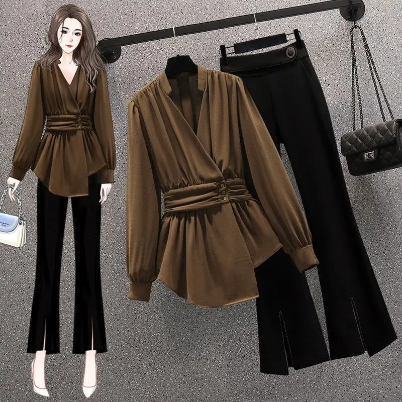 

Spring New Elegant Women's Pants Set Fashion Velvet Chiffon Top Wide Leg Trousers Two-piece Set Female Tracksuit Blazer E146