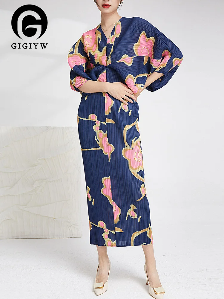

Женское плиссированное платье GIGIYW с рукавами «летучая мышь», V-образным вырезом и принтом в стиле ретро, Макси-платья, женская одежда для веч...