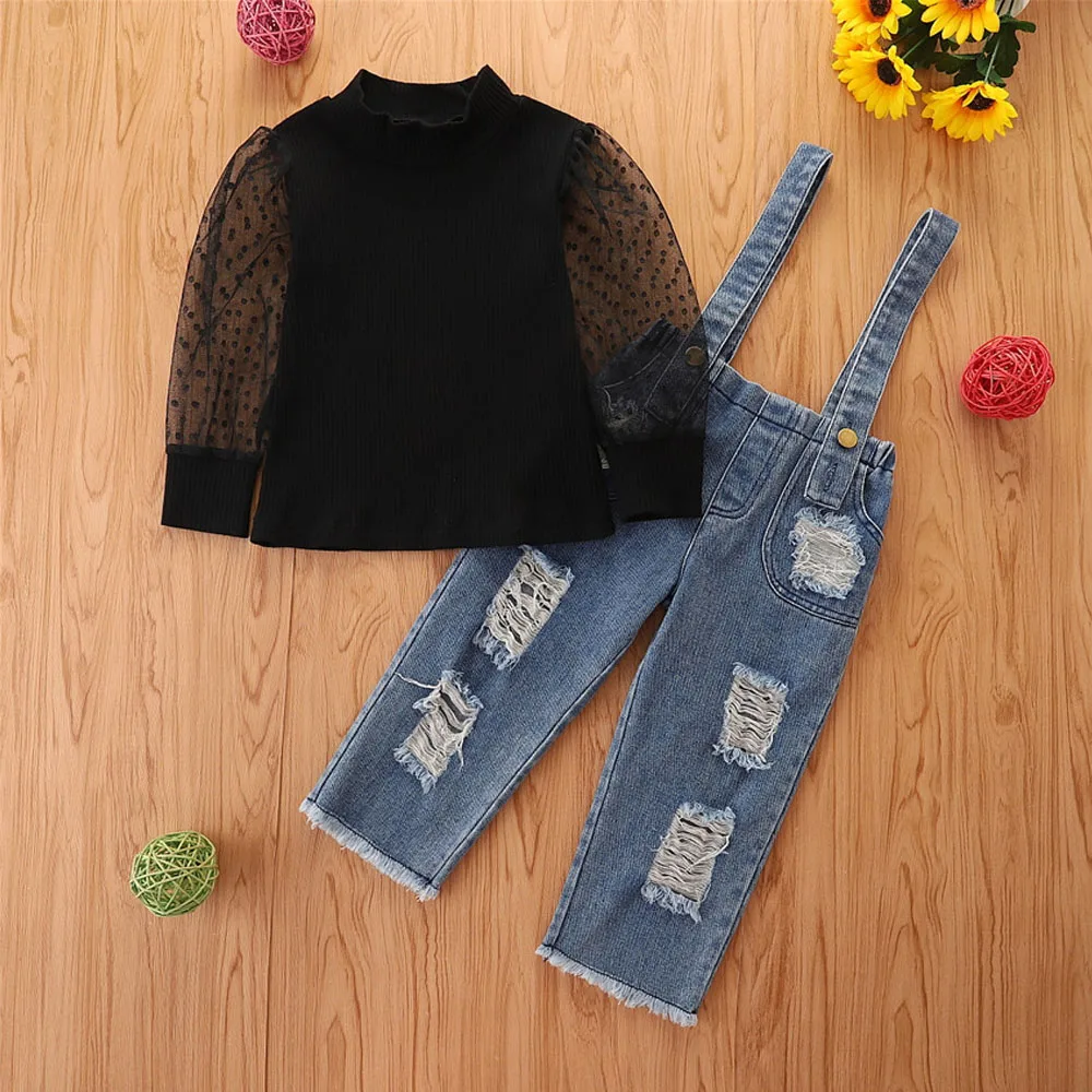 

Clothing for Children 2022 Autumn Girl Suit Long Sleeve T-shirt Top + Strap Denim Ripped Pants Two-piece Set Casual Korean Style