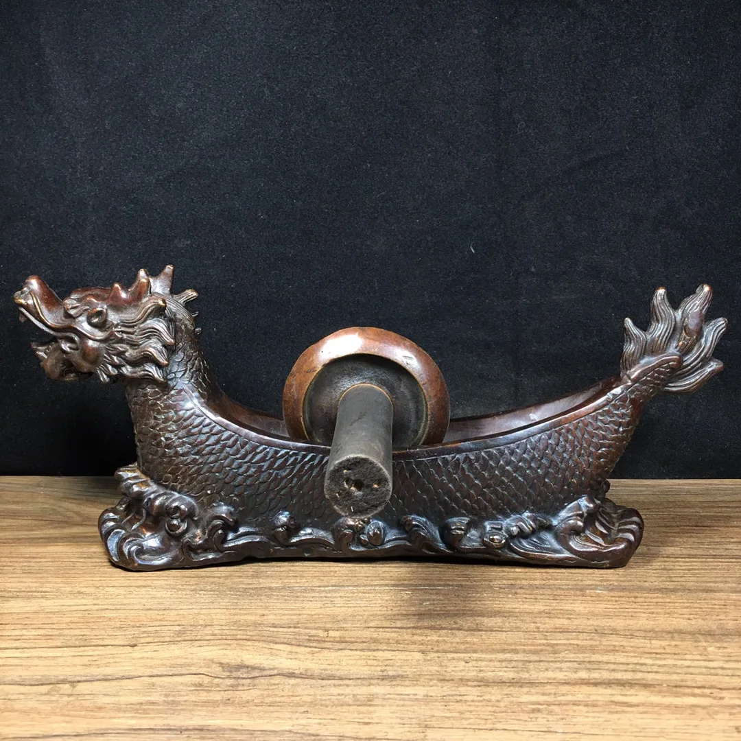 

13"Tibet Temple Collection Old Bronze Gilding Cinnabar Dragon Boat traditional Chinese medicine Pharmaceutical device Grinding