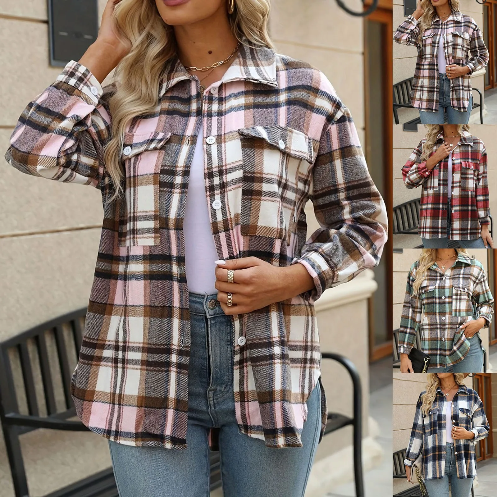 

Women Fashion Plaid Print Casual Button Shirt Turndown Collar Long Sleeve Shirt Blouse Top Vintage Print Baggy Woman Clothing