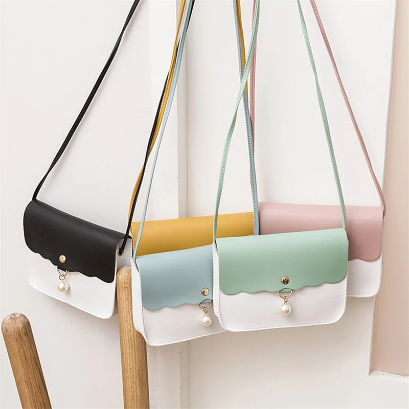

Fashion PU Leather Crossbody Bag For Women Solid Color Shoulder Messenger Bag Lady Pendant Pearl Travel Small Handbag