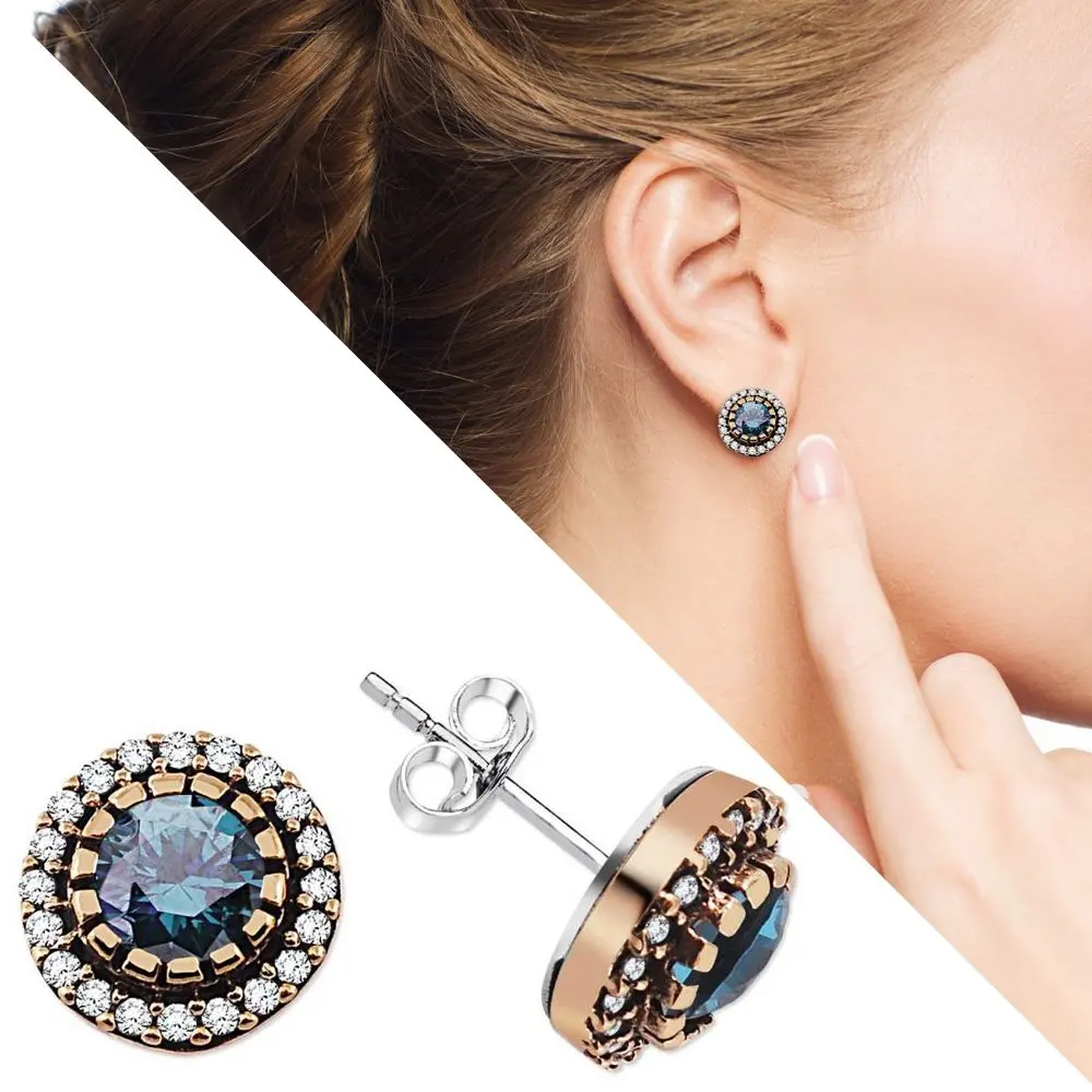 

Turquoise Zircon Stone Flower Design 925 Sterling Silver Earrings