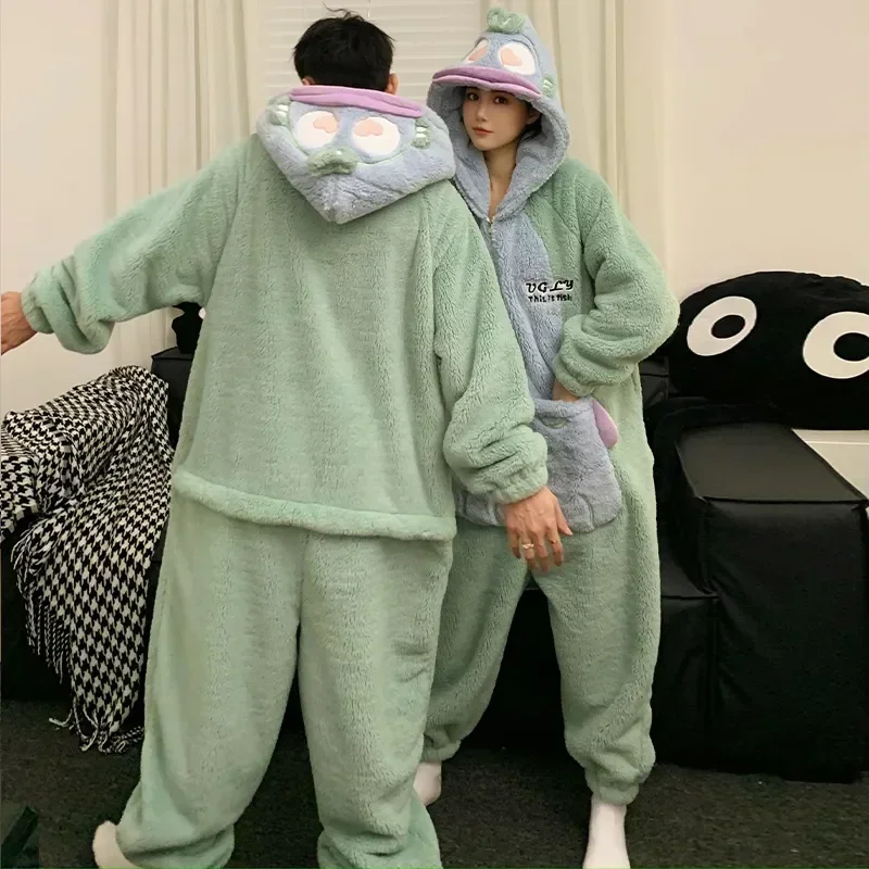 

Lover Pyjamas Cartoon Couple Warm Fleece Sleepwear Jumpsuits Thicken Coral Women Onesie Winter Pajamas Kigurumis Men Soft Pijama
