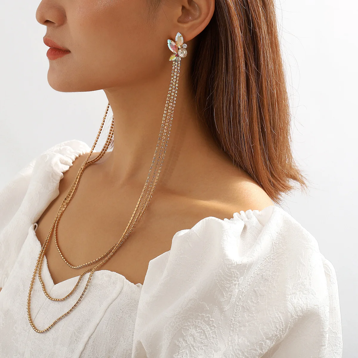 

Exaggerated New Fashion Long Tassel Layers Full Rhinestones Women Bridal Wedding Earring Jewelry
