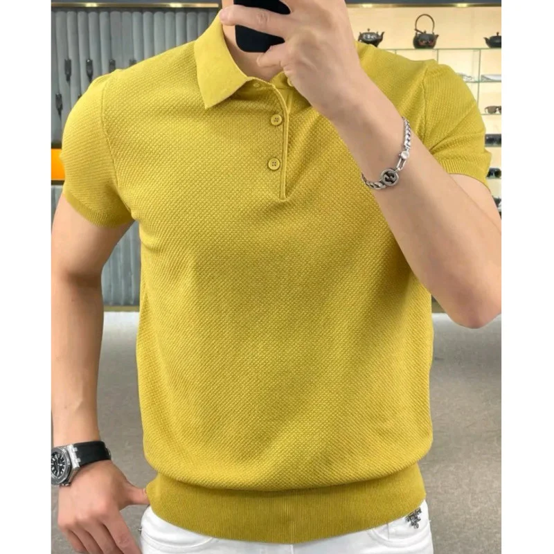 

Summer Quality British Slim Lapel Men Solid Color Polo Shirt Man Ice Silk Short Sleeve Knitted Top Camisa Hombre