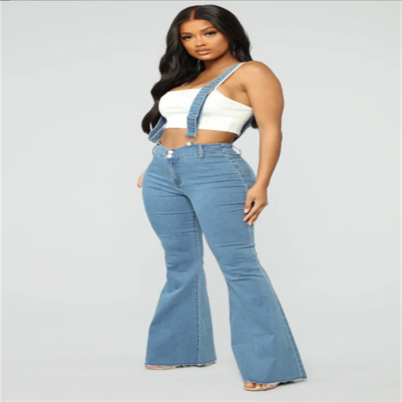 

Европейские и американские женские джинсовые Модные брюки на ремешках новые узкие женские расклешенные брюки металлические декоративные ...