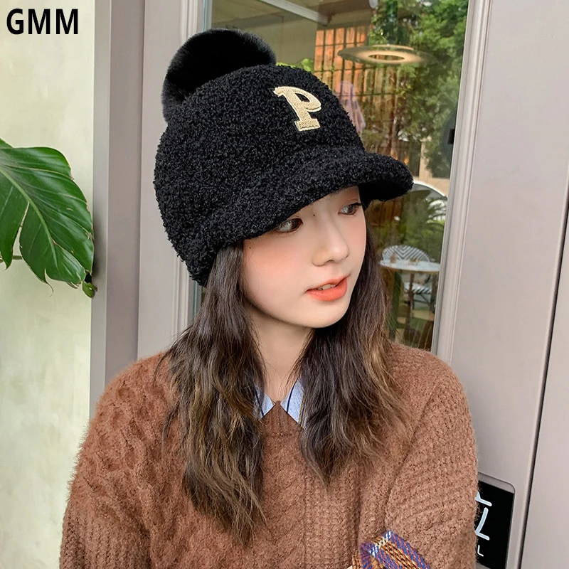 

New Women Winter Lamb Wool Knit Visor Beanie Hat Letter P Warm Knitted Hat With Brim Thick Beanies Skullies Female Baseball Cap