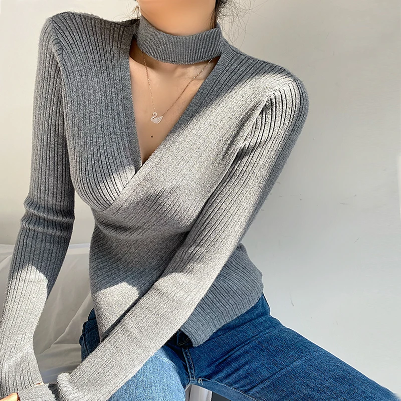 

Женский трикотажный пуловер с V-образным вырезом, с высоким воротом