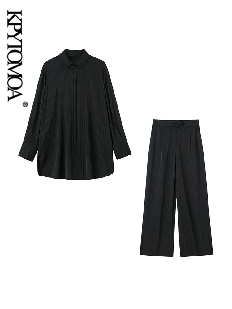 

KPYTOMOA Women Fashion Oversized Striped Satin Shirts And High Waist Zipper Fly Wide Leg Pants Female Two Piece Sets Mujer