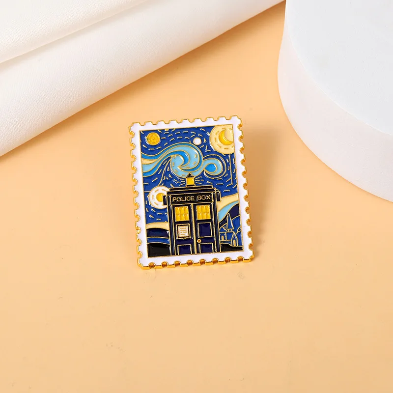 

The Time Machine with The Stars Tadis Stamp брошь Доктор Кто и Ван Гог Картина маслом микс и значок для матча