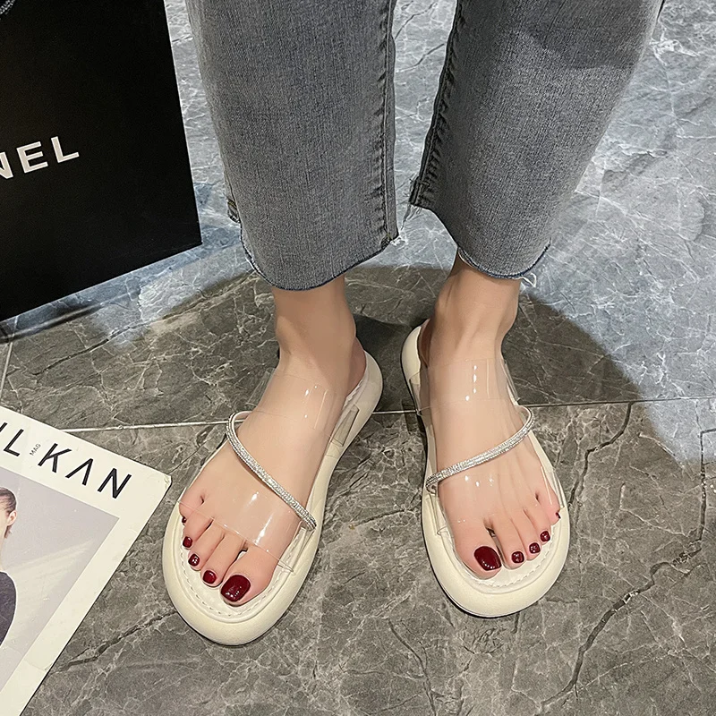 2023 Summer New Round Toe Open Toe Rhinestone Transparent Sexy Women's Slippers for Wearing Comfortable Single Shoe Women