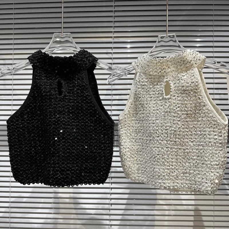 

BORVEMAYS 2023 Spring Summer New Fashion Trend O Neck Sleeveless Solid Color Zipper Sequins Temperament Tank Tops Women WZ969