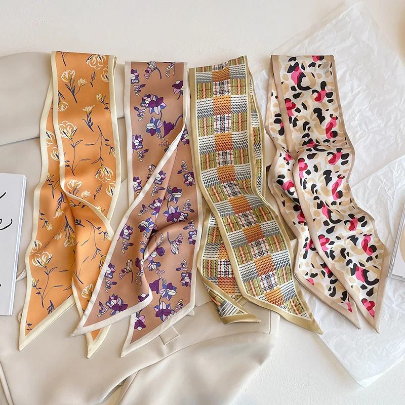 

Леопардовый тонкий шелковый шарф с лентой, Женский мягкий шейный платок с цветочным принтом, Женский фуляр, повязка для волос, Офисная сумка, шейный платок