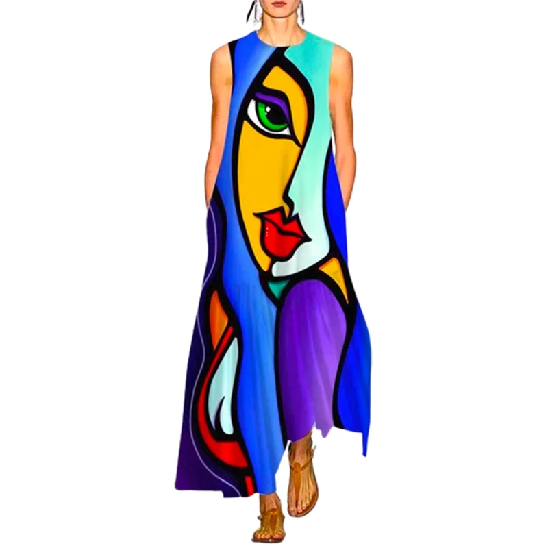 

Lemongor 2023 New Arrivals Women Fashion Figure Printed Round-Neck Long Dress Summer Sleeveless Causal Vacation Maxi Dresses