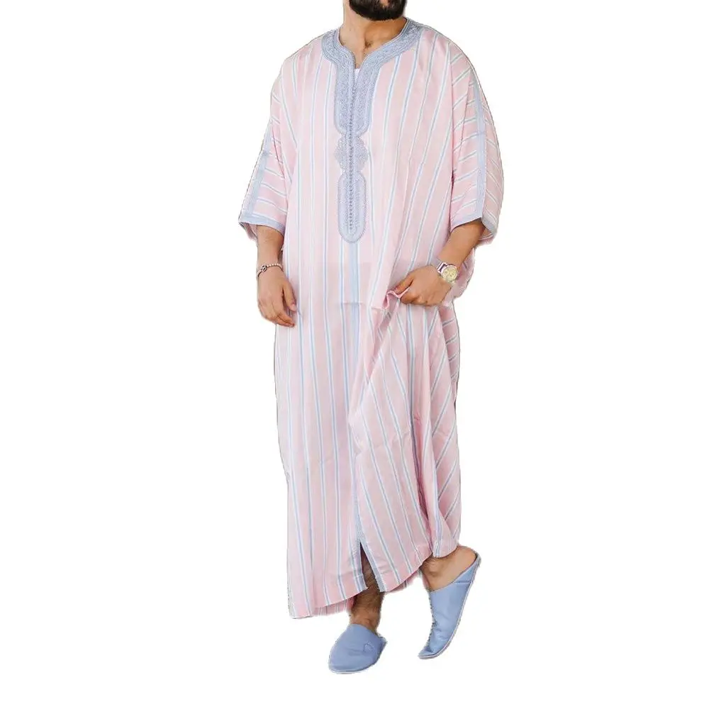 (M-4XL) Pink Blue Thobe With Bordures Galabiyya Jubbah Islamic Saudi-arabien Wear Prayer Jubbah Gift For Him Muslim Mode