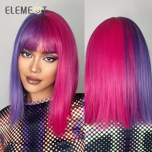 ELEMENT Synthetic Wigs for Women Pink Purple Medium Straight Hair Cosplay Lolita Party Wig Heat Resistant Fiber Colorful Fancy