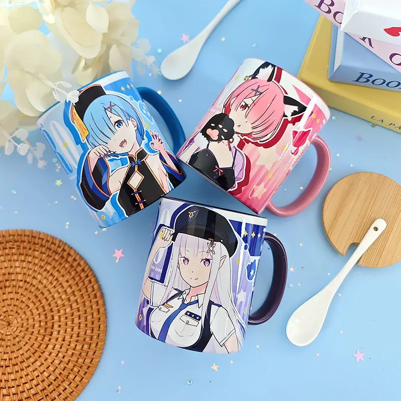 Фото Re: Zero Kara Hajimeru Isekai Seikatsu Emilia Rem Аниме Периферия с мультяшным принтом Бытовая ценная керамическая чашка для кофе с молоком №5