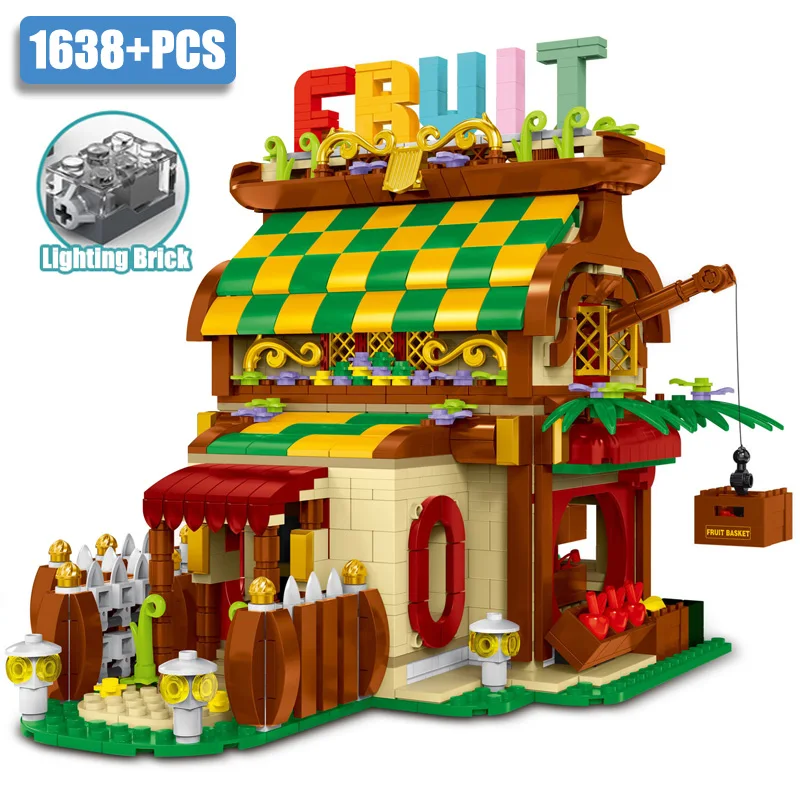 

MOC Cartoon City Street View 1638pcs Fruit Shop Building Blocks Creative Architecture With LED Lights Bricks Toys For Children