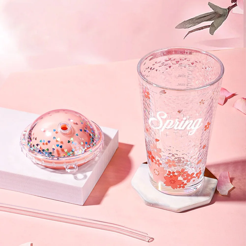 

Glass Cups For Hot Cold Beverage Water Cup Girl High Quality Pink Cherry Blossom Flowers Drinking Glass Water Cup With Straw