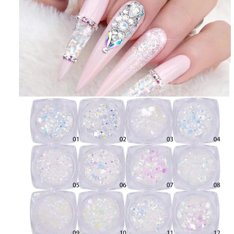 

Nail Glitter Holographic Chunky Flakies Ultra-thin Iridescent Charming Sequins Powder Set of 12 Glitter Holographic Powder