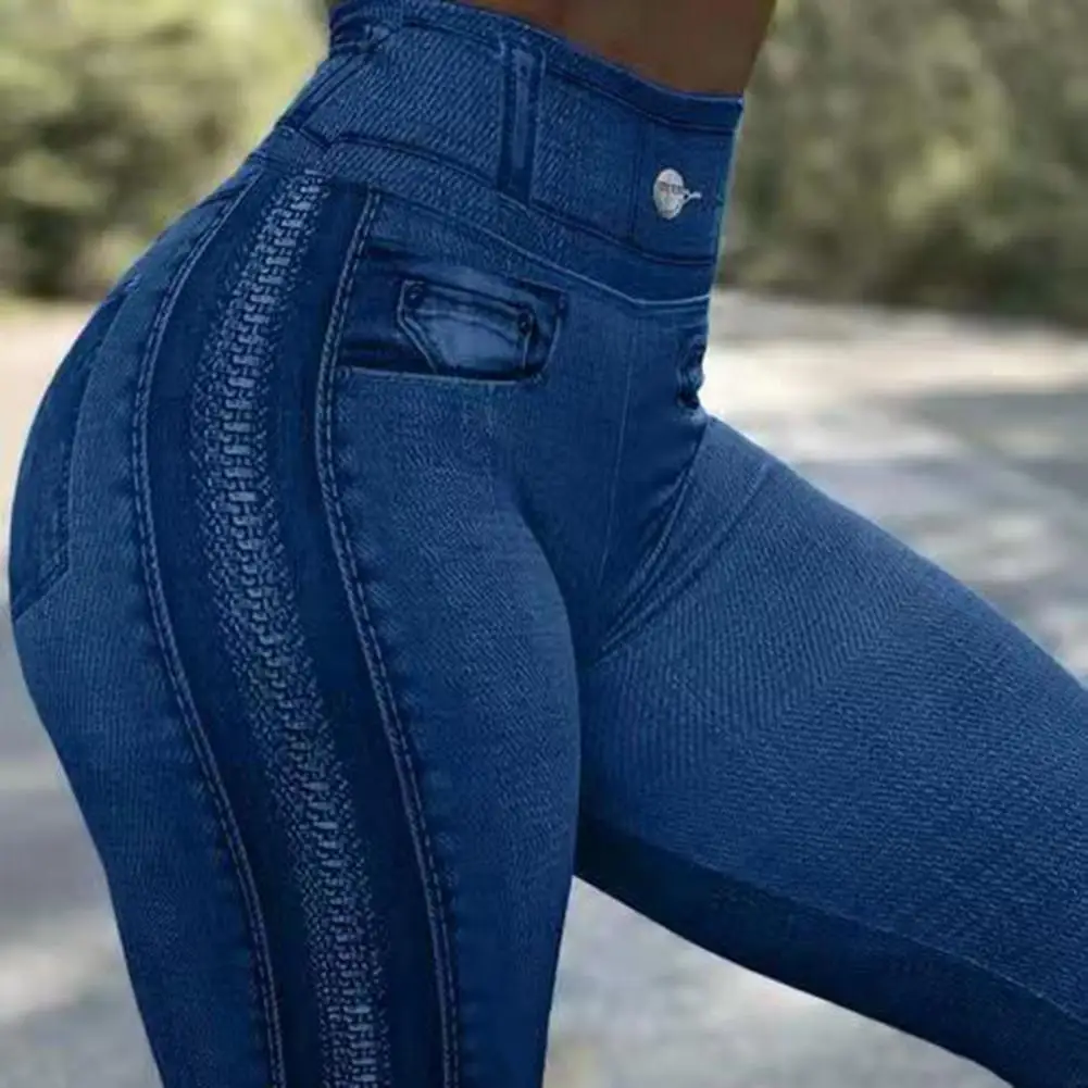 

Decorative Pockets Skinny Imitation Women's Jeans/Pants High Waist Leggings Hip Lifting Zipper Print Elastic Pants for Sports