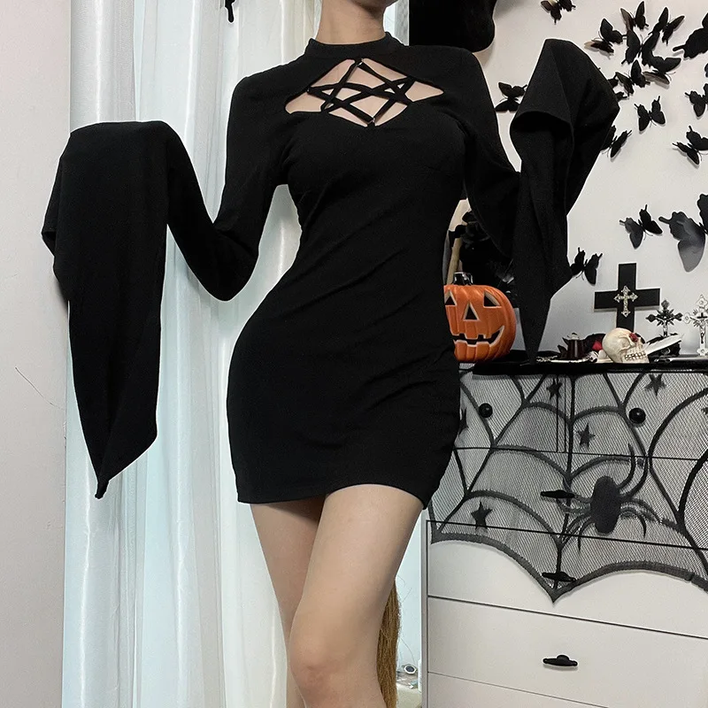 

Gothic Pentagram Hollow Out Dress Women Black Halloween Cosplay Flare Sleeve Sexy Slim Gown Dresses Vintage Street Skirts Lady
