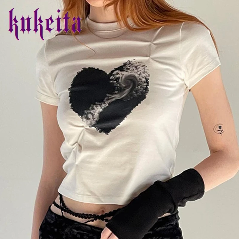 

White Harajuku Women Love Print T-shirt O-neck Summer Casual Tee Short Sleeve Slim Tops Y2k Clothes Kawaii Streetwear Female