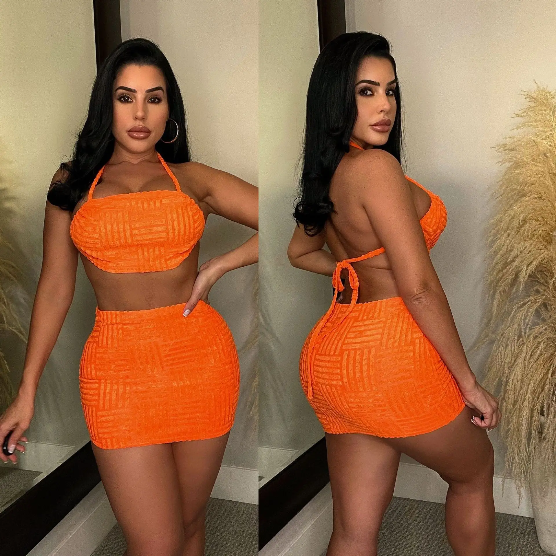 

Women Waffle Midi Mini Skirt Suit and Halter Neck Crop Top 2023 Street Beach Holiday Sexy Two 2 Piece Dress Set Outfit