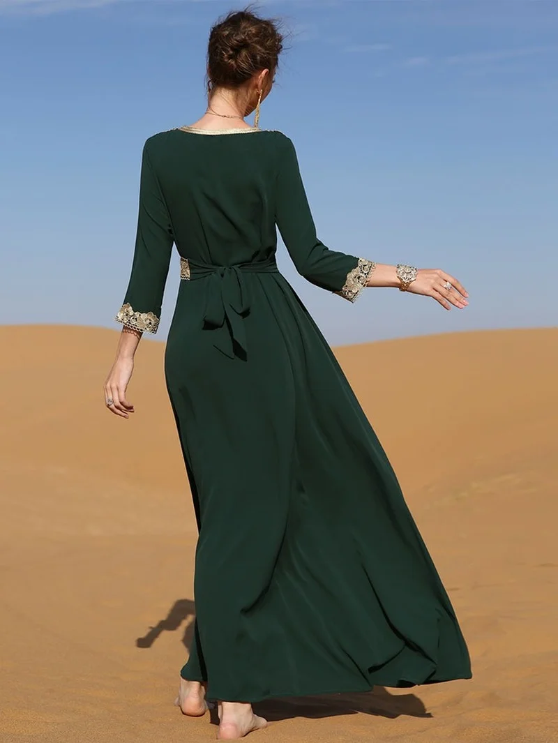 Kaftan with Embroidery Women Vintage Arabic Abaya Jalabiya Moroccan Caftan Belted Muslim Dubai Saudi Long Dress Party Ramadan