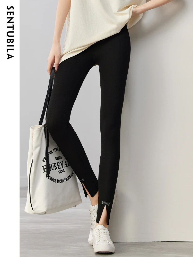 Sentubila Knitting High Waist Yoga Pants for Women 2023 Fashion Split Hem Skinny Leggings Solid Basic Casual Summer Sporty Pants