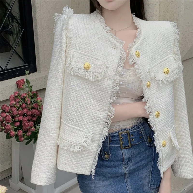 

Runway Spring French Women's Luxury Chic Tweed Woolen Tassel Gold Button Small Fragrance Coat Jacket Top Casaco Outwear