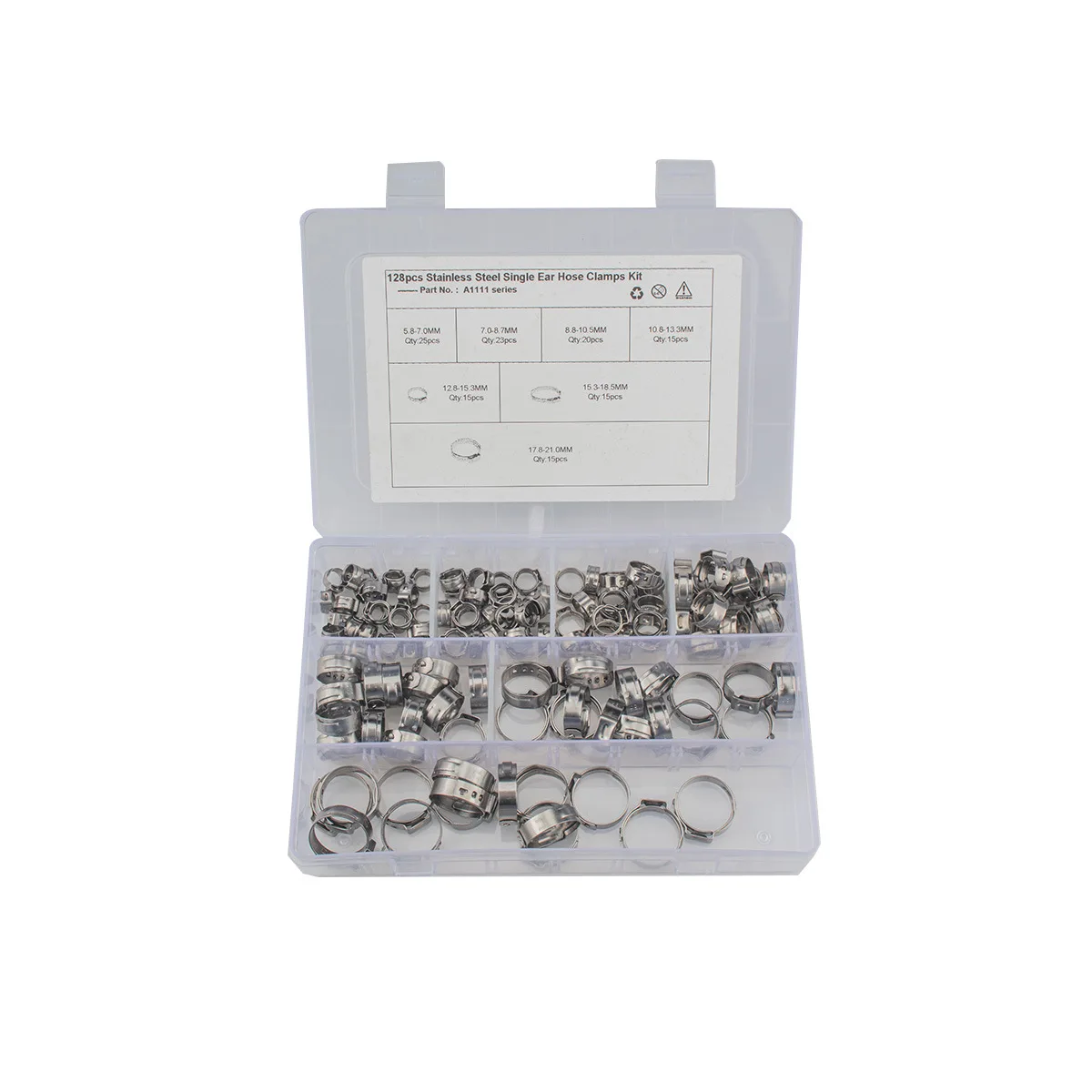 

128Pcs 304 Stainless Steel Single Ear Stepless Hose Clamps Clamp Assortment Kit Crimp Pinch Rings for Securing Pipe Hoses