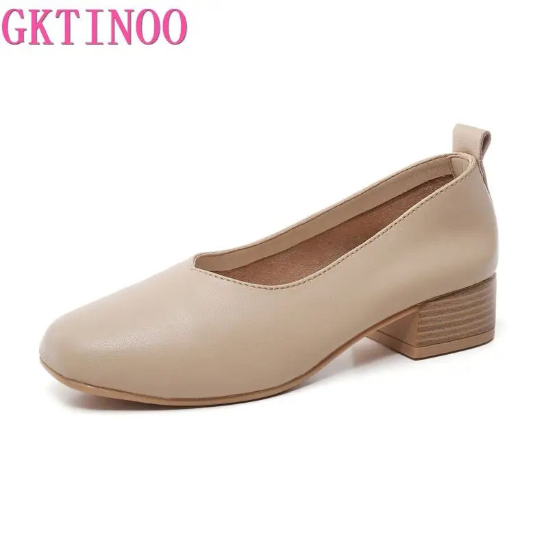 

GKTINOO Female Shoes Thick Heel Ladies Pumps Genuine Leather Square Toe Retro Square Heels Shallow Mouth Shoes Women