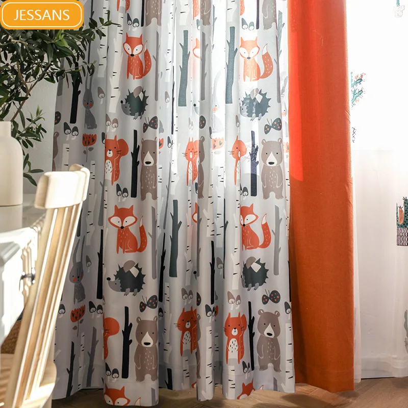

Nordic Minimalist Cute Orange Gray Forest Animal Fox Squirrel Boy Girl Children's Room Blackout Curtains for Living Room Bedroom